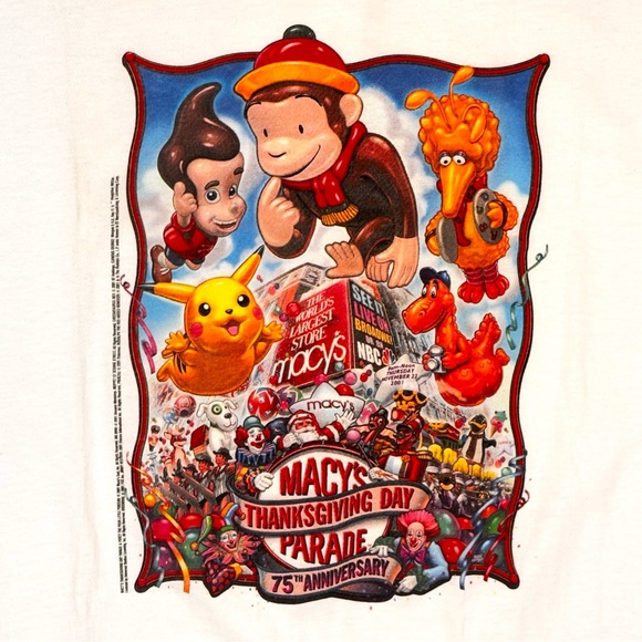 Vintage 2001 Macys Thanksgiving Day Parade 75th Shirt Pikachu Curious George XL